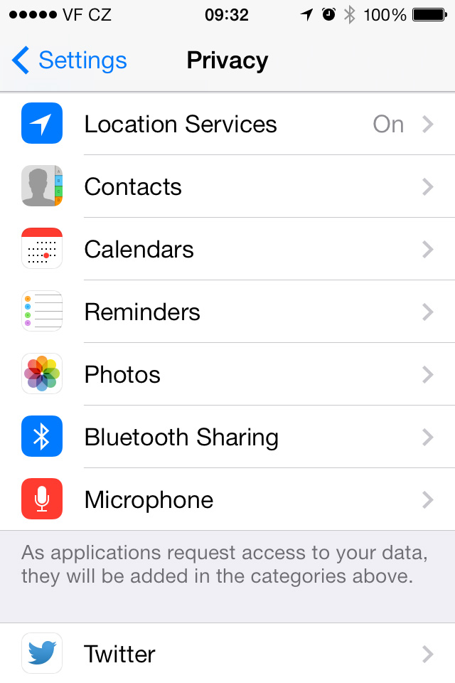 Privacy menu located in iOS settings