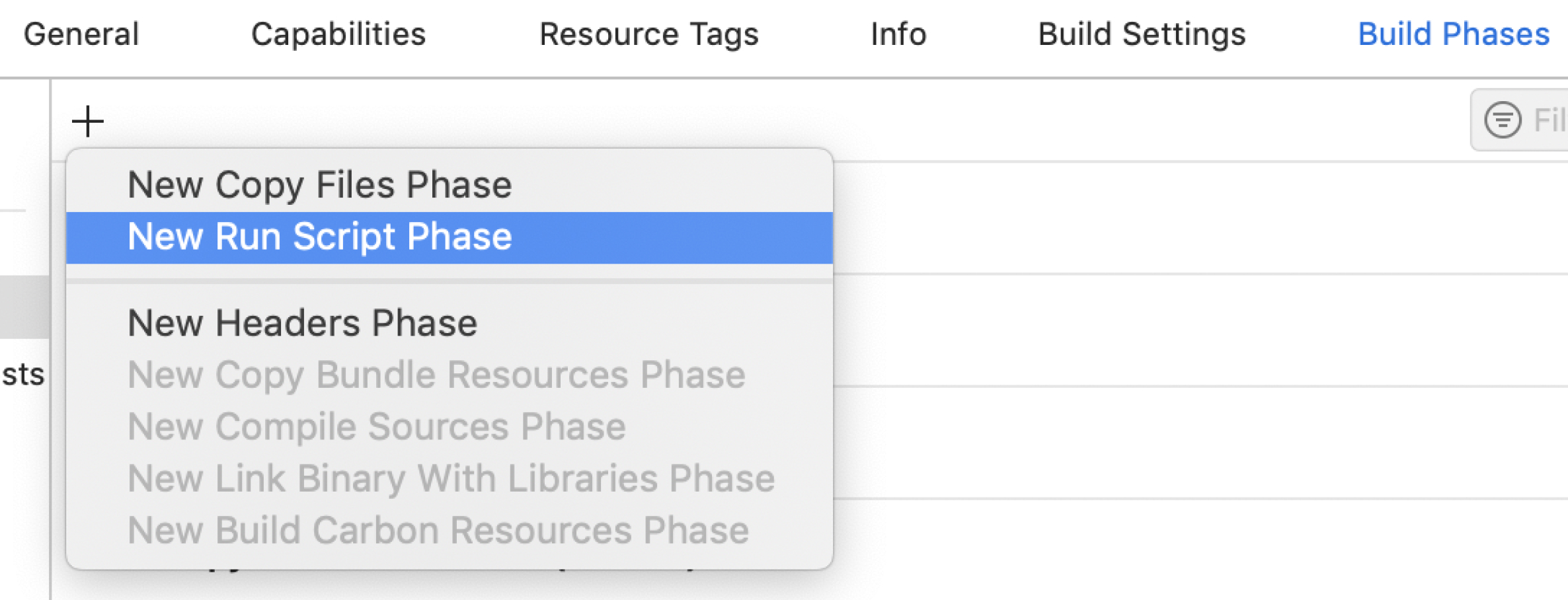 Screenshot showing a window that selects New Run Script Phase in our example for creating an Xcode shell script for SSL Pinning certificate validity check.