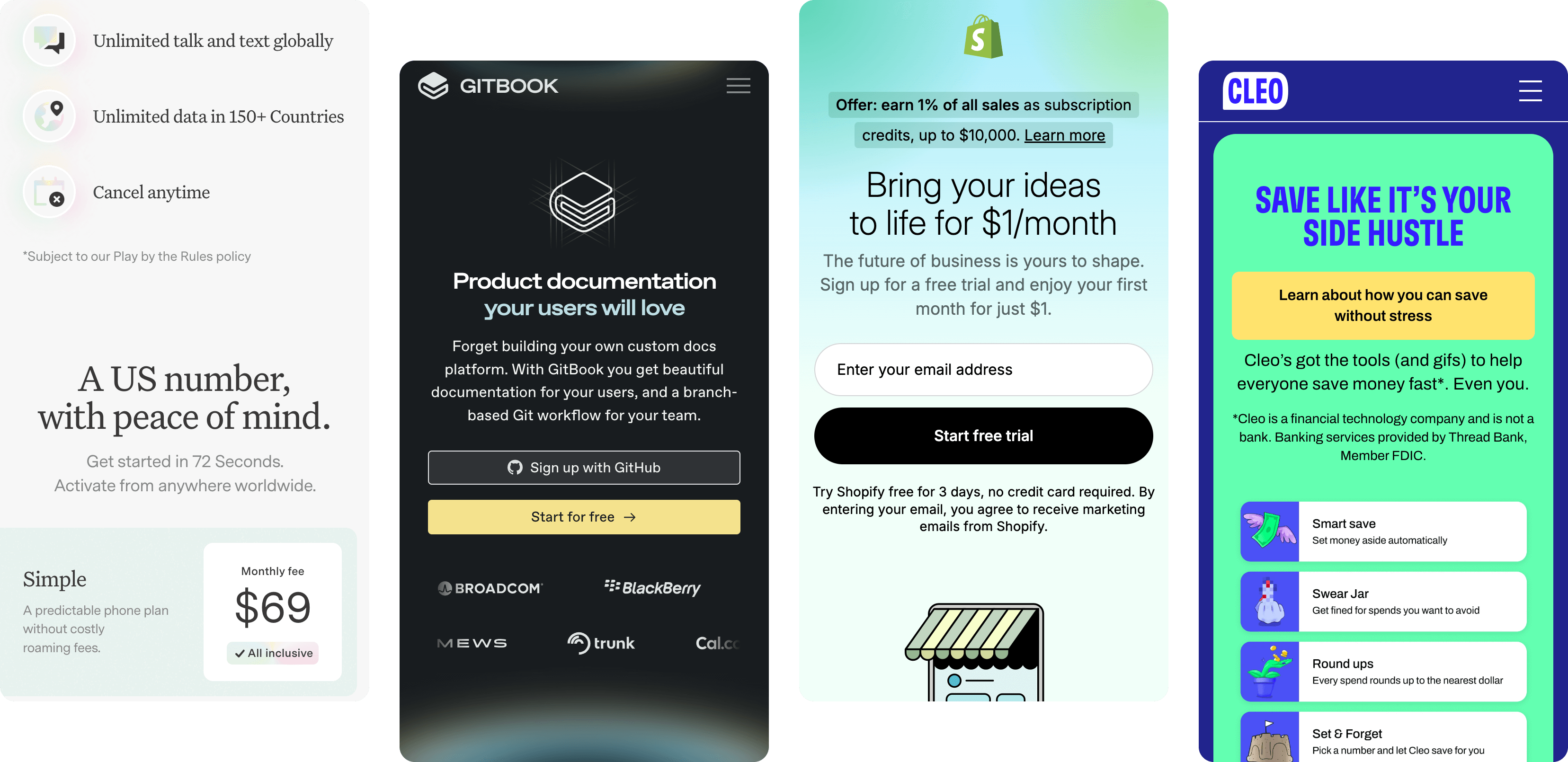 Screenshots from the applications Popcorn, Gitbook, Shopify, and Cleo – each demonstrating subtle and sophisticated use of color.